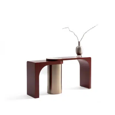 Modern console table with sleek vase on white background. High-end minimalist decor by LEOPARD Furniture Canada.