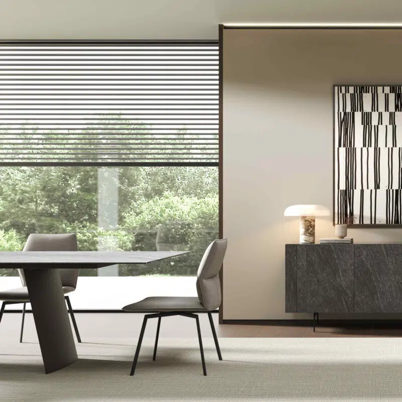 Salle à manger moderne avec table en marbre et buffet gris de LEOPARD Furniture, style minimaliste haute gamme au Canada.