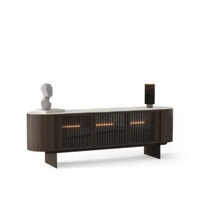 Buffet moderne en bois sombre de LEOPARD Furniture sur fond blanc, idéal pour le design intérieur haut de gamme au Canada.