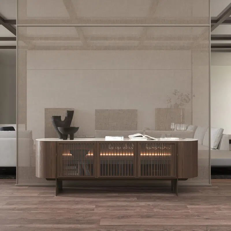 Modern console table in luxurious Canadian interior by LEOPARD Furniture, with sleek wooden design and elegant decor accents.