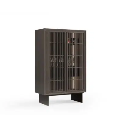 Black wooden slatted cabinet on white background, offering modern storage; premium LEOPARD Furniture design, Canada.