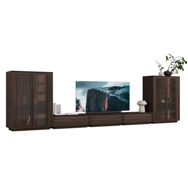 Modern media console with cabinets on white background from LEOPARD Furniture, Canada's top interior design store.