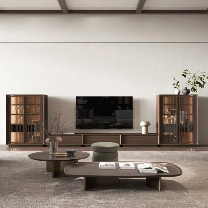 Contemporary living room setup by LEOPARD Furniture, featuring sleek coffee tables and elegant cabinetry in a minimalist style.