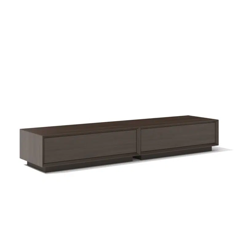 Low-profile modern walnut TV stand on white background; premium Leopard Furniture design, Canada.