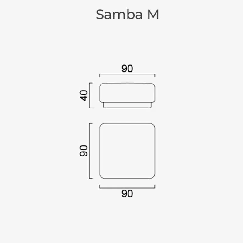 Plan du pouf Samba M par LEOPARD Furniture, dimensions 90x90x40 cm, fond blanc, design moderne et élégant.