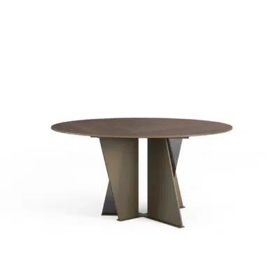 Round modern dining table with geometric metal base on white background, LEOPARD Furniture Canada, luxury design.