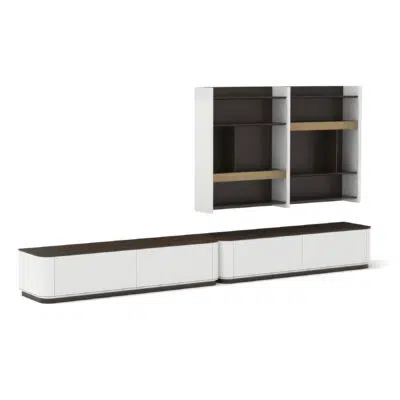 Contemporary white and wood modular wall unit on white background. LEOPARD Furniture, luxury Canadian interior design.