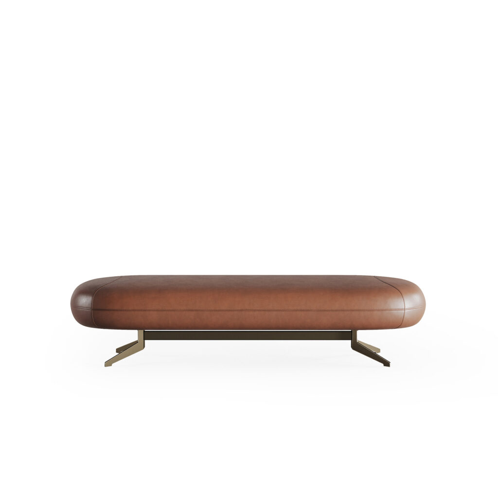 Luxurious brown leather bench on white background, showcasing modern elegance by LEOPARD Furniture in Canada.