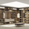 Walk-in closet luxueux avec étagères en bois et banc en cuir par LEOPARD Furniture, design intérieur moderne, Canada.