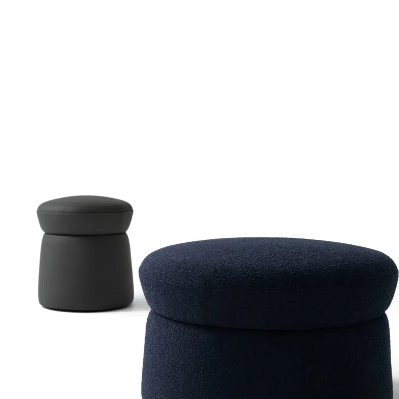 Luxury contemporary poufs in navy and gray on white background by LEOPARD Furniture, Canada’s top interior designer.