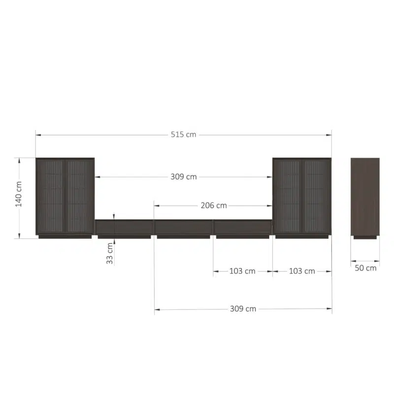 Dimensions d'un meuble mural en bois de LEOPARD Furniture, 515x140 cm, fond blanc. Haute qualité design intérieur.