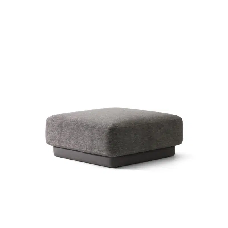 Gray upholstered ottoman on a white background from LEOPARD Furniture, Canada, perfect for modern interiors.