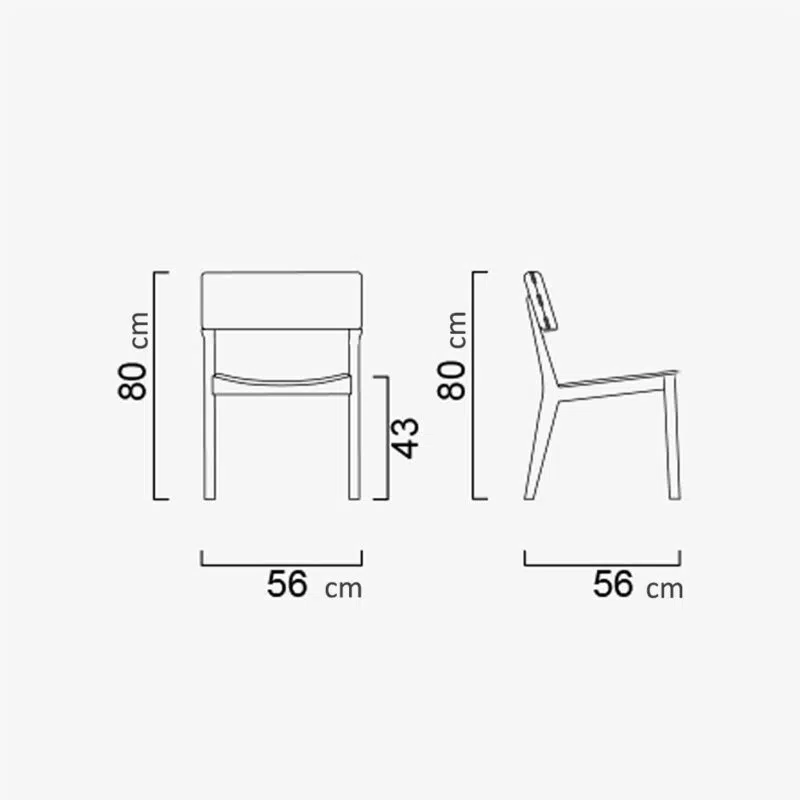 Dimensions drawing of a LEOPARD Furniture modern dining chair on white background, 56x80x43 cm.