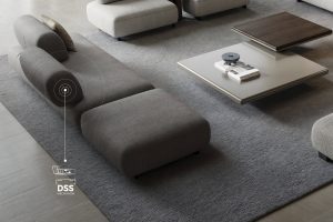 Contemporary sectional sofa with adjustable DSS mechanism and modern coffee table by LEOPARD Furniture in elegant interior.