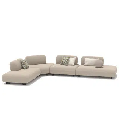 Beige modular sectional sofa with patterned cushions on a white background from LEOPARD Furniture, Canada.