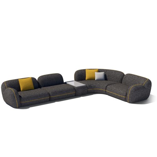 Canapé sectionnel moderne incurvé avec des accents jaunes sur un fond blanc de LEOPARD Furniture, Canada.