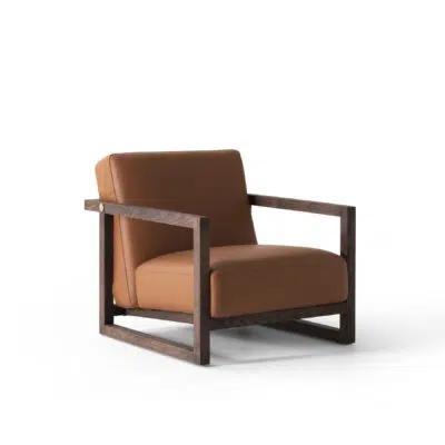 Fauteuil en cuir marron moderne avec cadre en bois sombre, fond blanc, de LEOPARD Furniture, Canada.