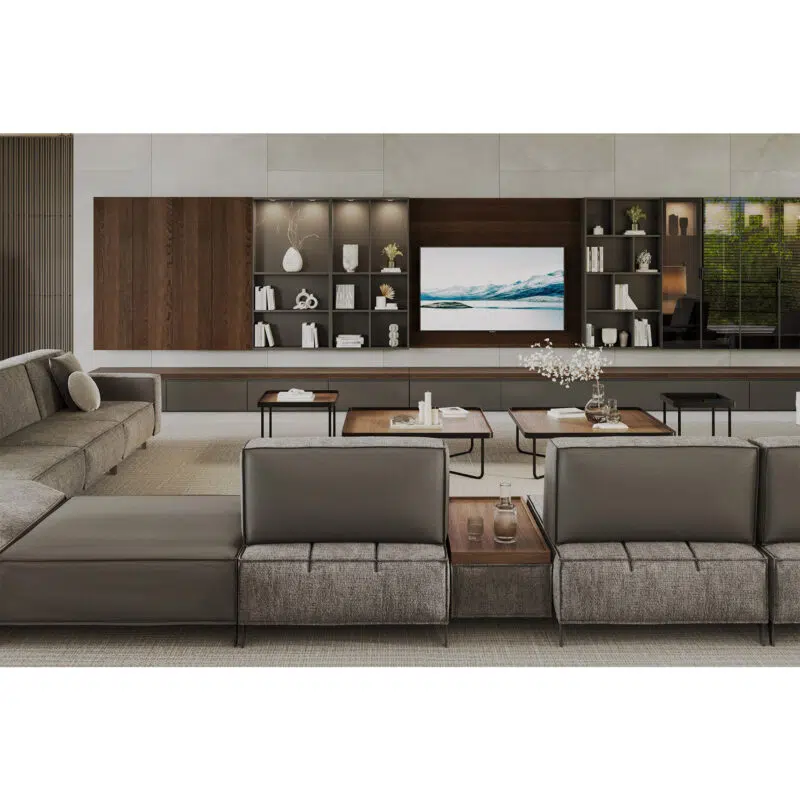 Modern living room design with luxurious sectional sofa and sleek wood shelving. LEOPARD Furniture, Canada.