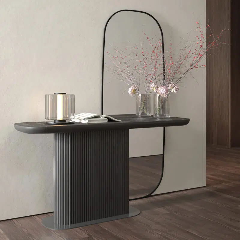 Modern console table with lamp and vases in elegant interior setting by LEOPARD Furniture Canada.