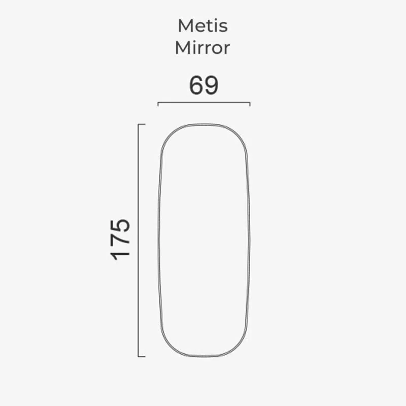 Dimensions of Metis Mirror by LEOPARD Furniture on a white background, 69x175cm. High-end Canadian interior design.