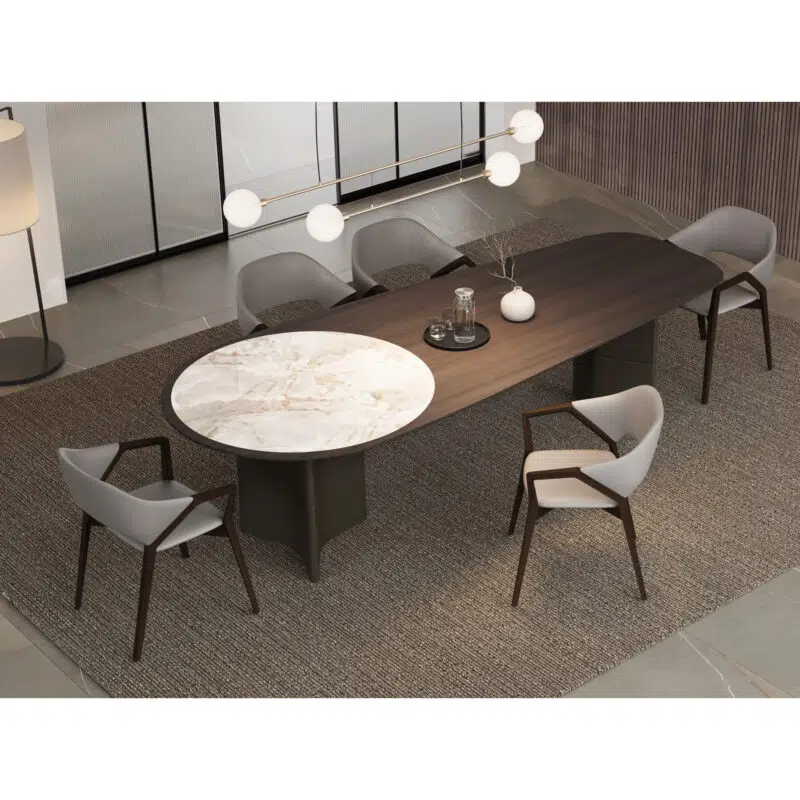 Modern dining table set with marble accent, chic chairs, and contemporary decor by LEOPARD Furniture Canada.