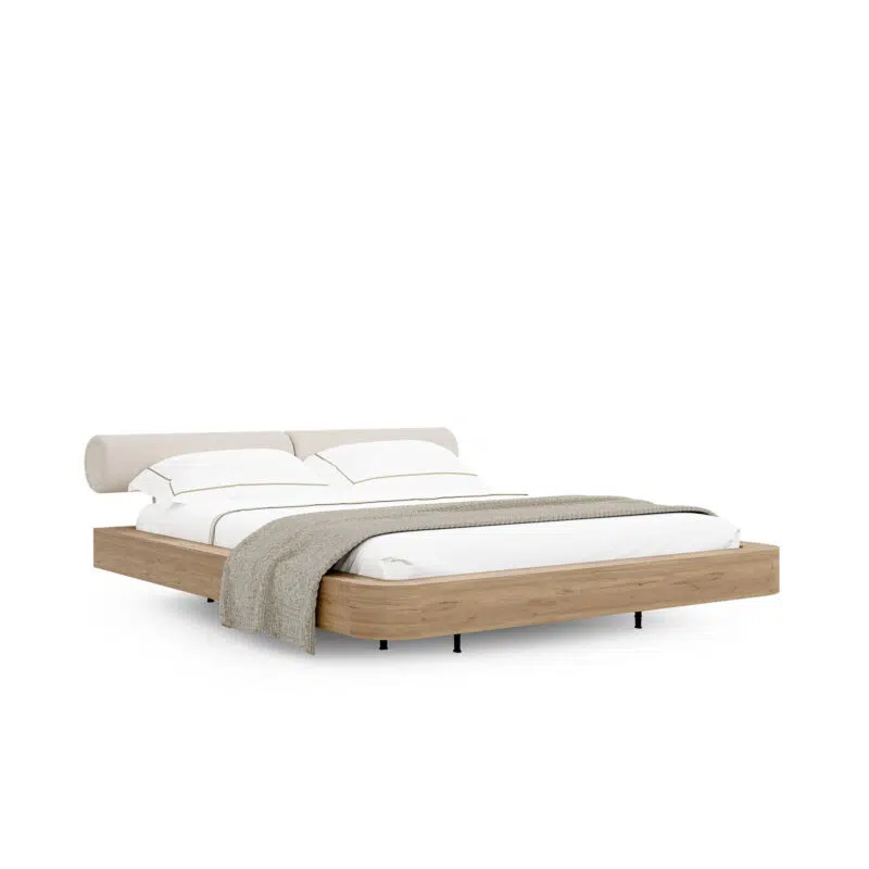 Elegant platform bed with cushioned headboard on white background by LEOPARD Furniture, high-end contemporary Canadian design.