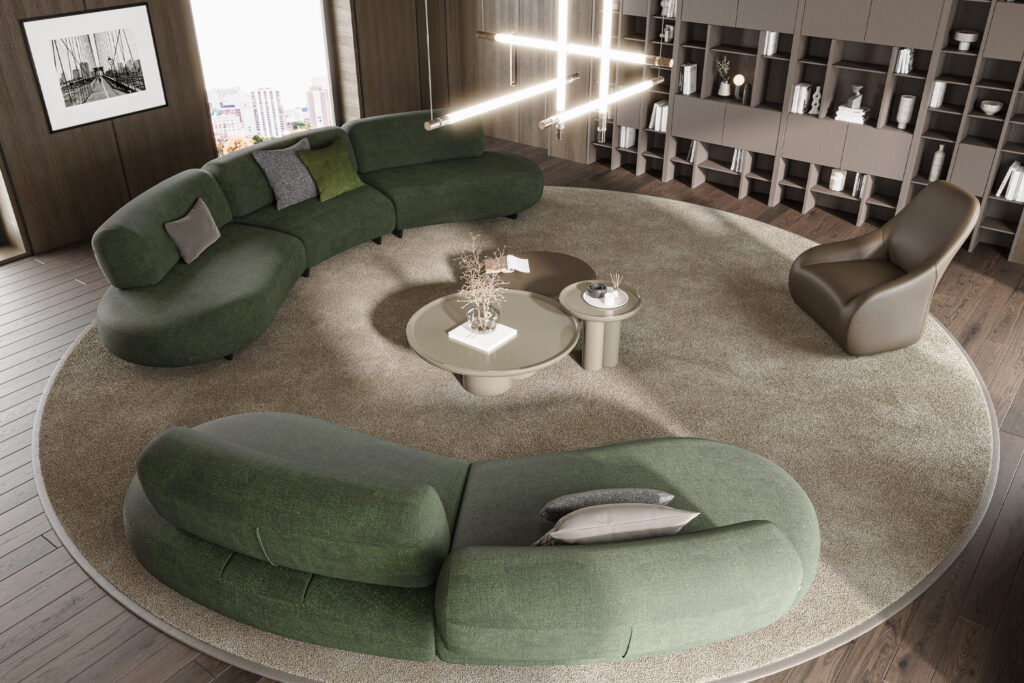 Salon moderne avec canapé vert en forme de S par LEOPARD Furniture, style contemporain canadien.