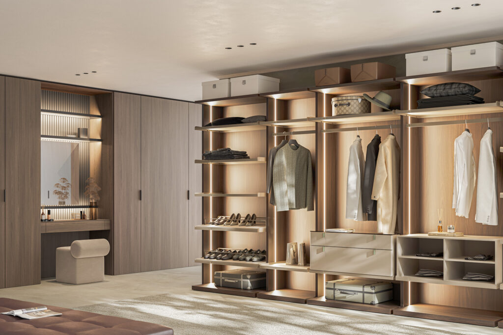 sigma open closet system, high-end modular closet system, dressing room in oak color