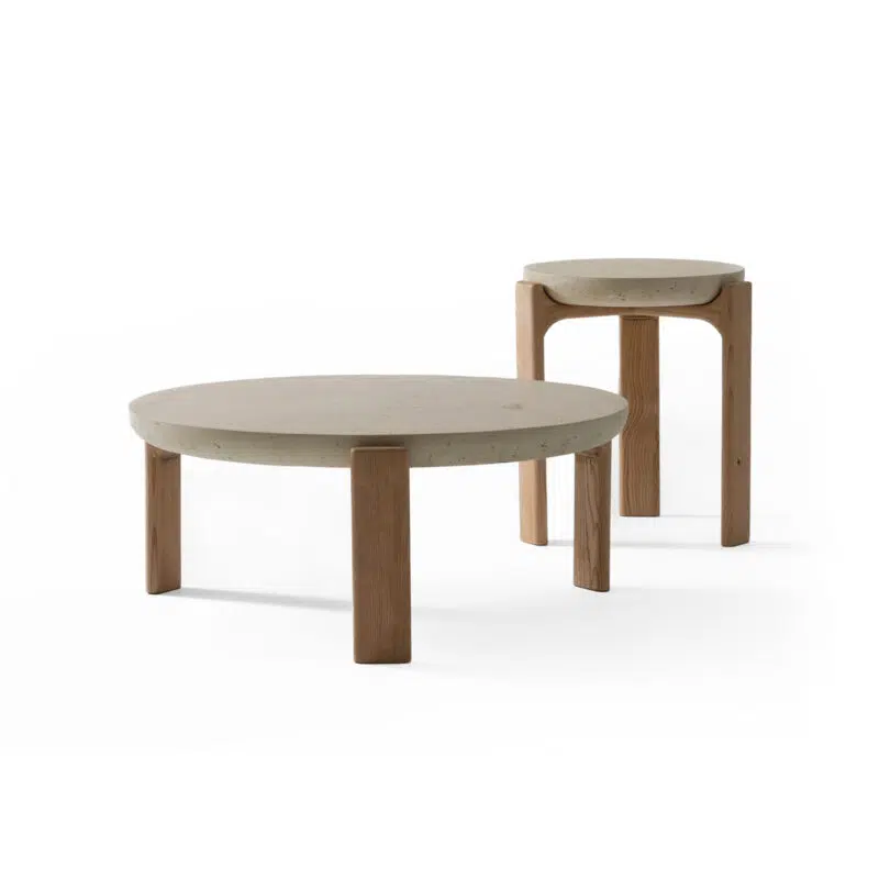 Deux tables basses modernes en bois et béton sur fond blanc, design luxueux par LEOPARD Furniture Canada.