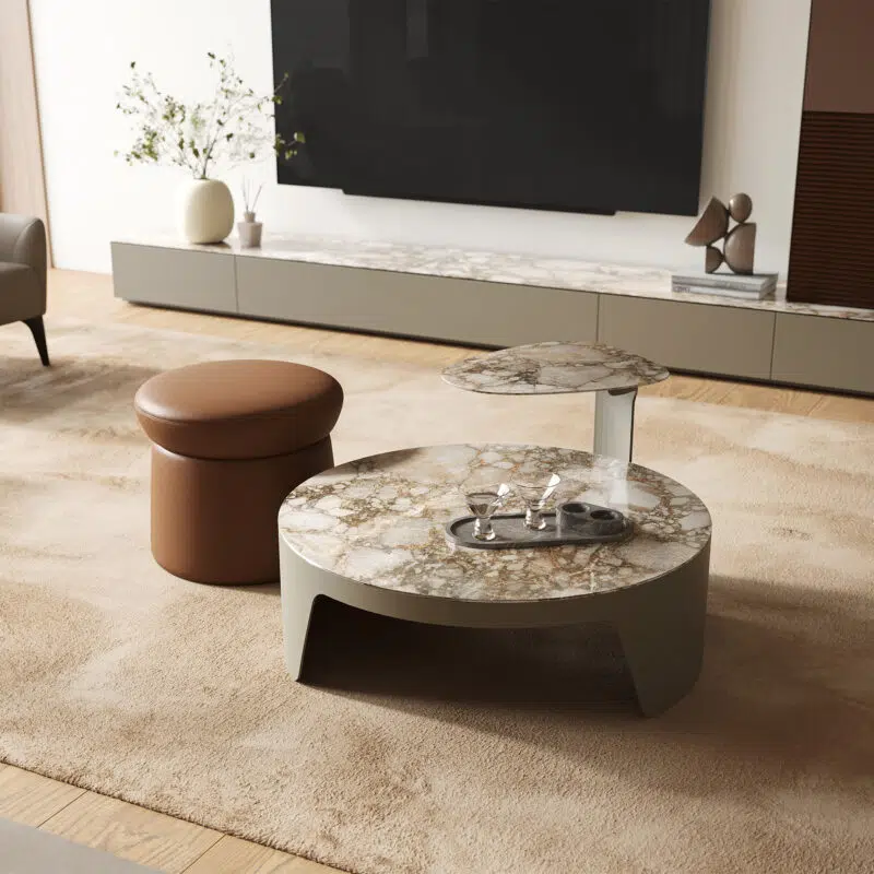 Table basse en marbre dans un salon moderne par LEOPARD Furniture, Canada. Design d'intérieur haut de gamme, décoration de luxe.