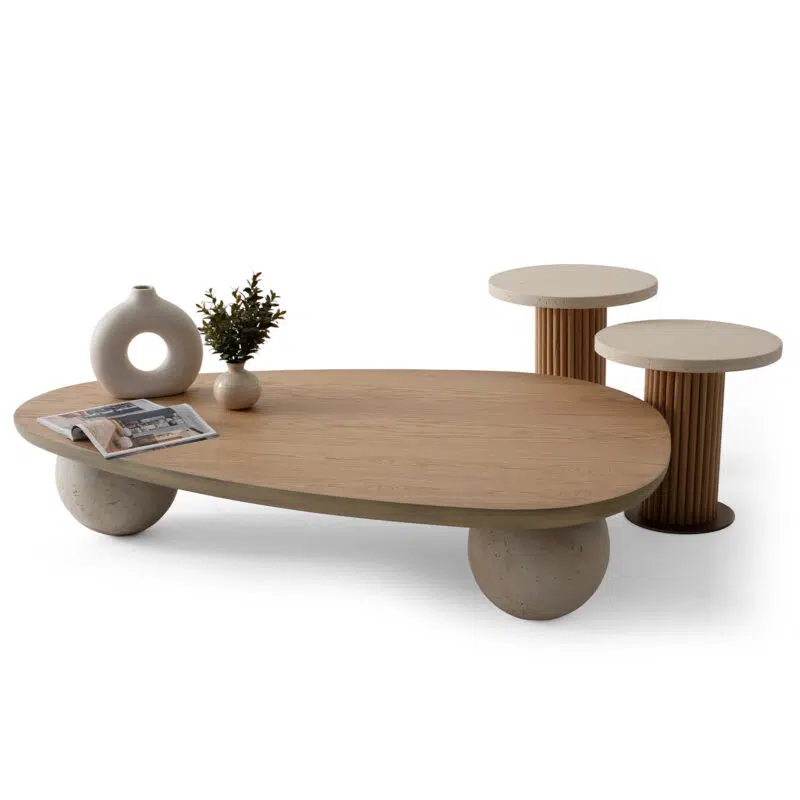 Contemporary wooden coffee table and side tables by LEOPARD Furniture on a white background.