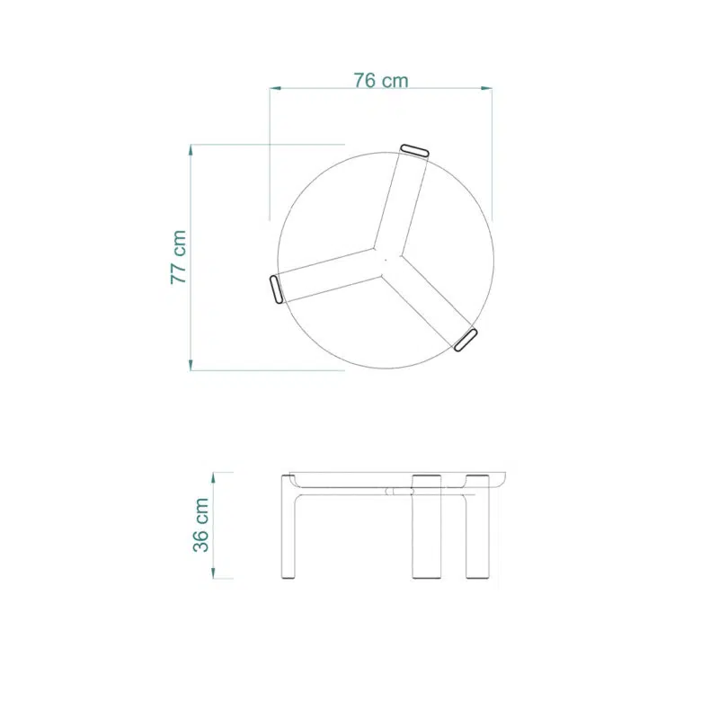 Dimensions d'une table basse ronde moderne par LEOPARD Furniture, 76x77x36 cm, sur fond blanc.