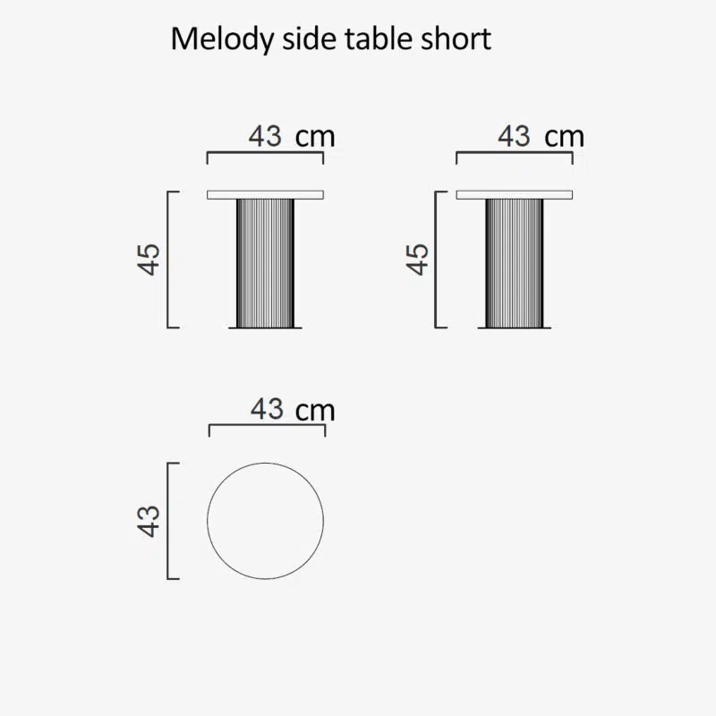 Plan technique de la table d'appoint Melody de LEOPARD Furniture, dimensions 43x45 cm sur fond blanc.