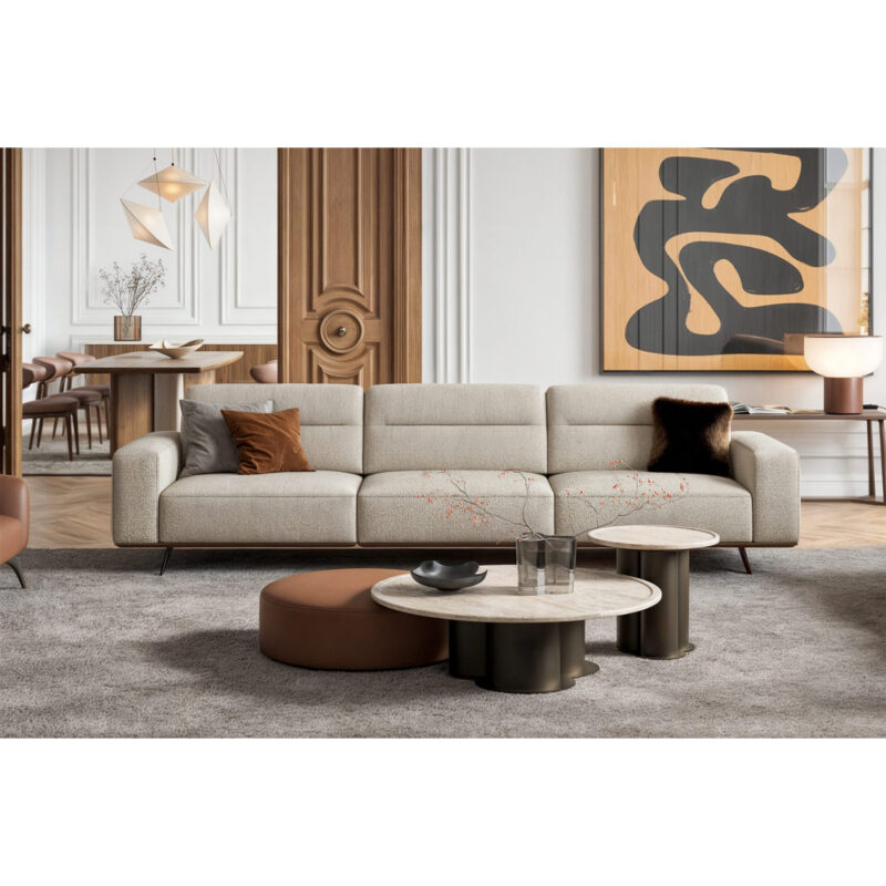 Luxurious modern living room with beige sofa and sleek coffee tables by LEOPARD Furniture, high-end interior design Canada.