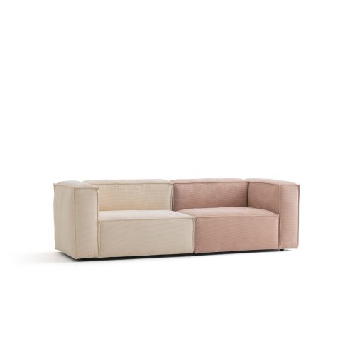 Canapé modulable en velours beige et rose sur fond blanc, parfait pour un salon moderne et luxueux. Meubles LEOPARD.