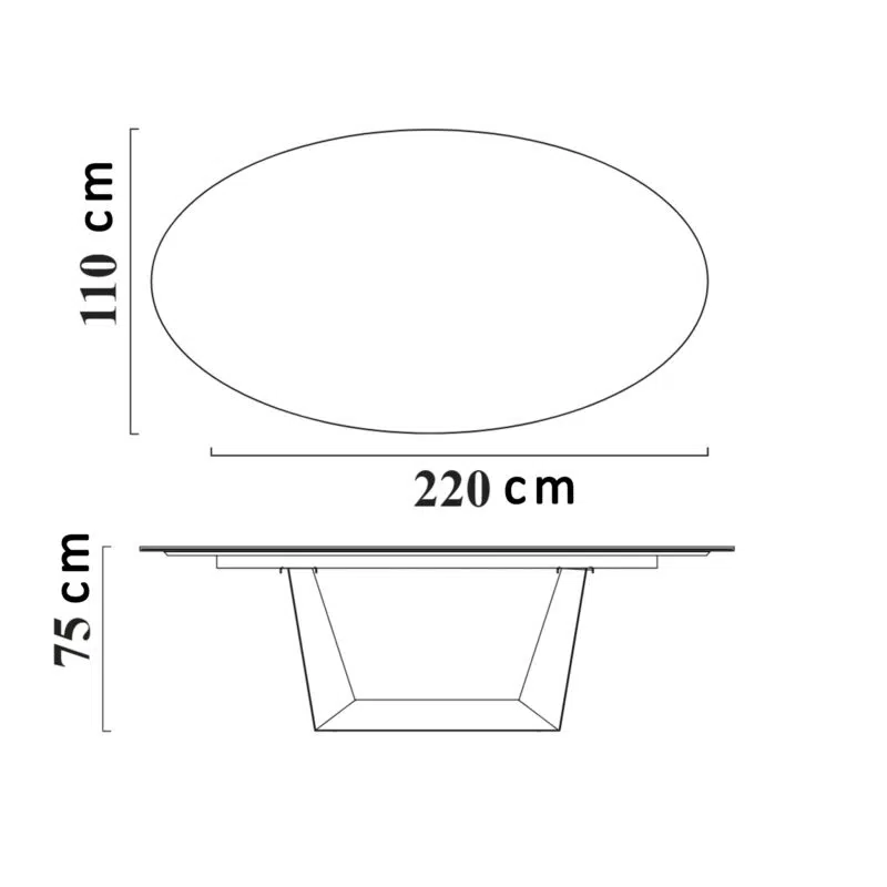 Dimensions d'une table ovale élégante, 220x110x75 cm, design moderne, LEOPARD Furniture, fond blanc.