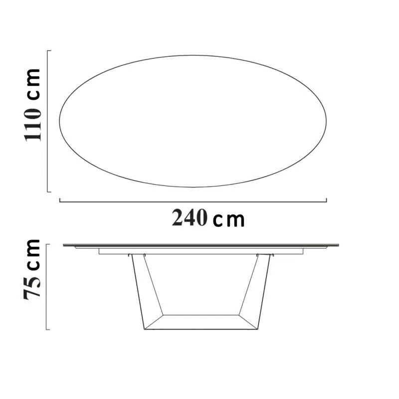 Dimensions of modern oval dining table, 240x110x75 cm, LEOPARD Furniture, Canada, on a white background.