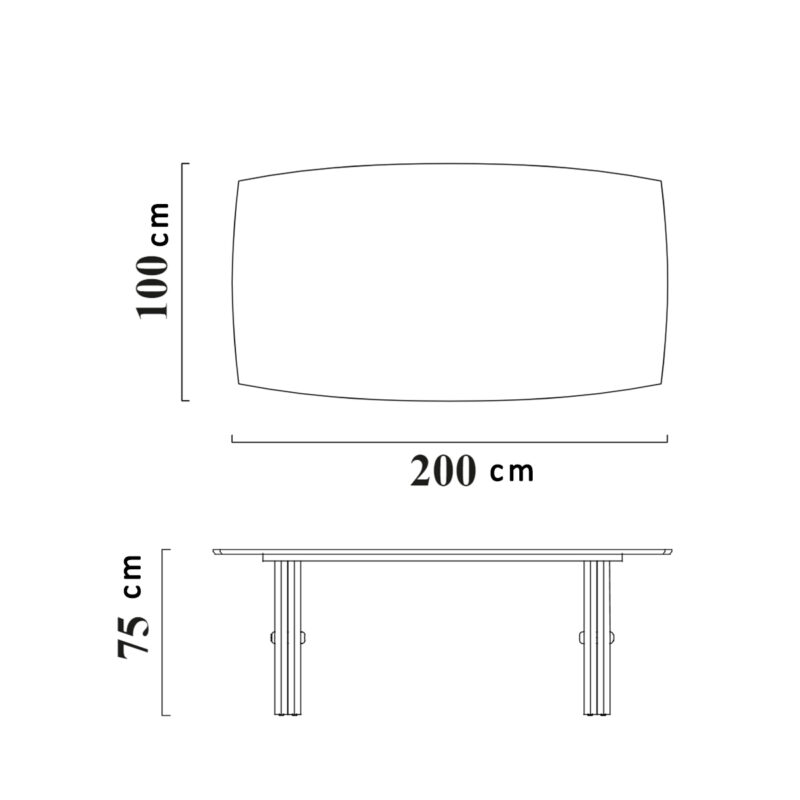 Dimensions de la table de salle à manger moderne en verre, 200x100x75 cm, sur fond blanc. Meubles LEOPARD.