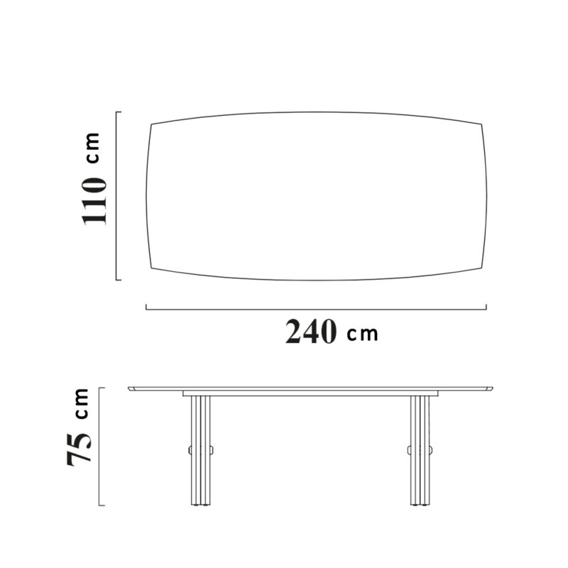 Dimensions de la table de salle à manger moderne de LEOPARD Furniture sur fond blanc, 240x110x75 cm.