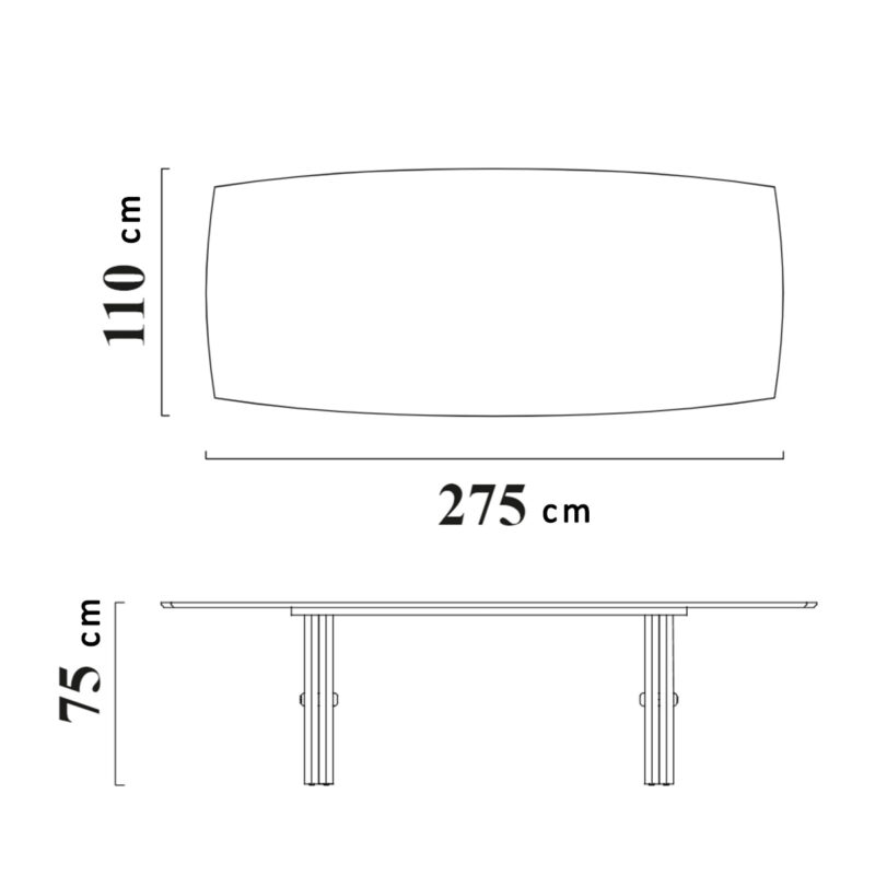 Dimensions de l'élégante table de salle à manger de LEOPARD Furniture sur fond blanc : 275cm x 110cm x 75cm.