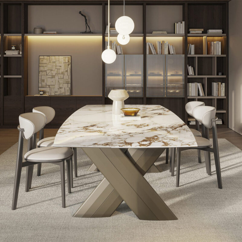 Salle à manger avec une luxueuse table en marbre et des chaises modernes chez LEOPARD Furniture, qui propose un design élégant et contemporain.