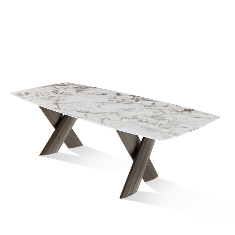 Table en marbre élégant avec pieds croisés sur fond blanc, par LEOPARD Furniture, haute qualité au Canada.