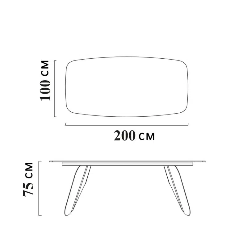 Dimensions d'une table de salle à manger rectangulaire moderne de LEOPARD Furniture, 200x100 cm, sur fond blanc.