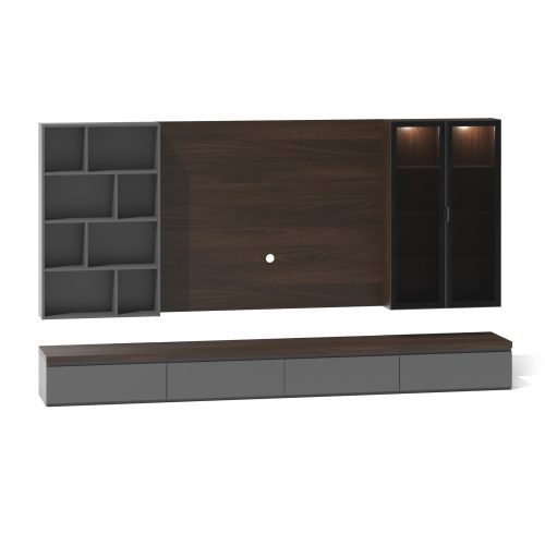 Ensemble mural moderne Leopard Furniture avec finition en bois foncé, fond blanc.