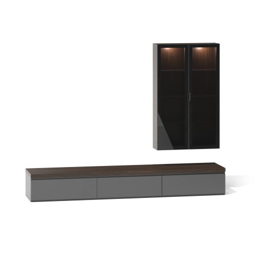 Cabinet mural moderne noir avec buffet bas sur fond blanc, design par LEOPARD Furniture, Canada.