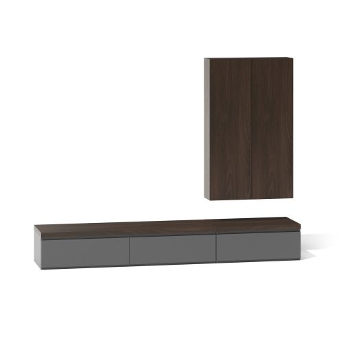 Ensemble de meubles muraux modernes en bois foncé sur fond blanc par LEOPARD Furniture, design haut de gamme canadien.