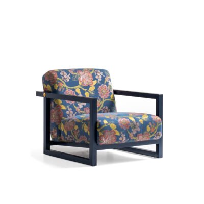 Floral accent chair with modern metal frame on white background by LEOPARD Furniture, Canada’s top luxury interior design.