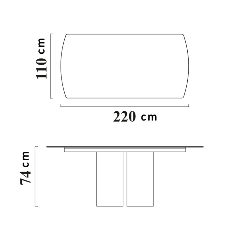 Dimensions du design moderne de la table à manger LEOPARD Furniture, 220x110 cm, fond blanc.