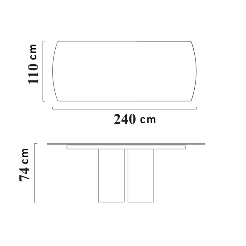 Dimensions de la table de salle à manger de luxe 240x110x74 cm, design haut de gamme de LEOPARD Furniture sur fond blanc.