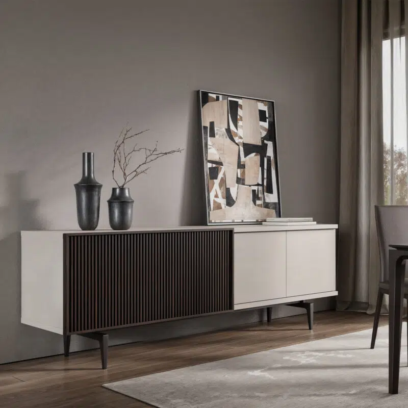 Modern sideboard in elegant minimalist interior by LEOPARD Furniture, featuring abstract art and neutral tones.